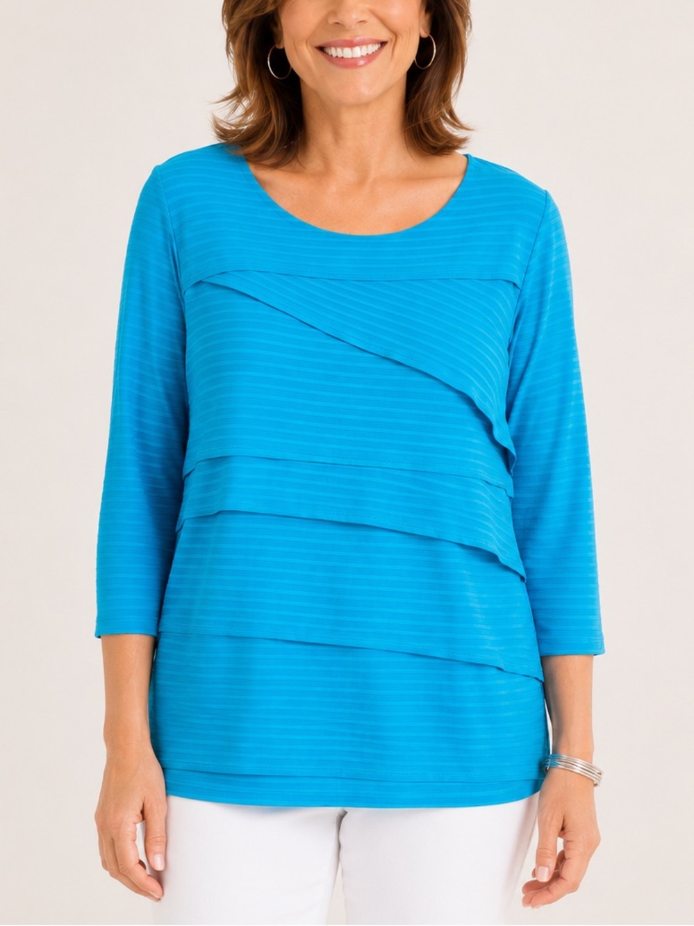 Chico’s Size 3 Turquoise Layered Knit Top 3/4 Sleeve Textured Tunic Casual Chic